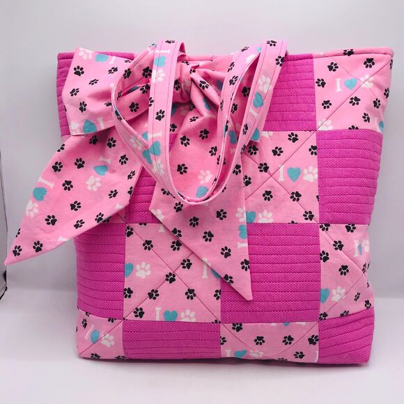 Handmade Tote Bag: Puppy Love Handbag Pink, Teal, Animal Lover Large Bow - Picture 11 of 11